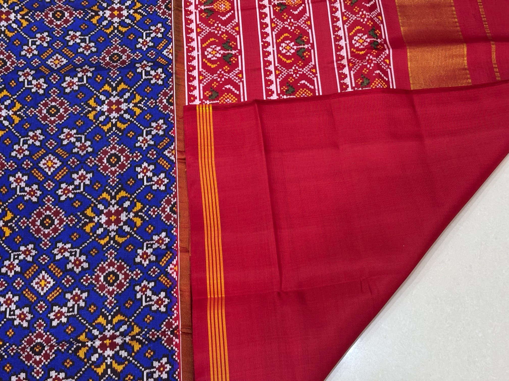 Red & Blue Navrtna Designer Patola Saree - Image 6