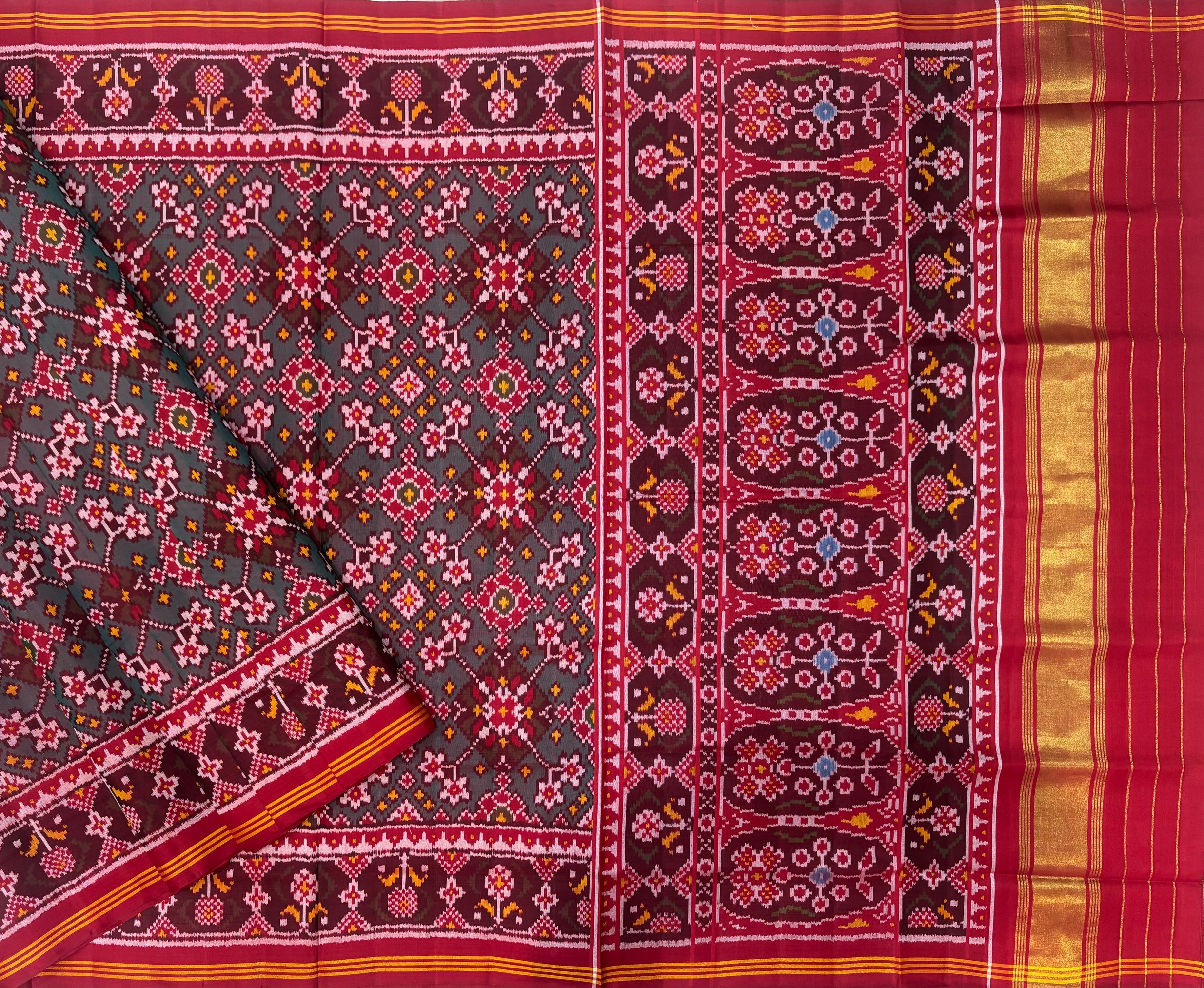 Red & Turquoise Navratna Designer Patola Saree