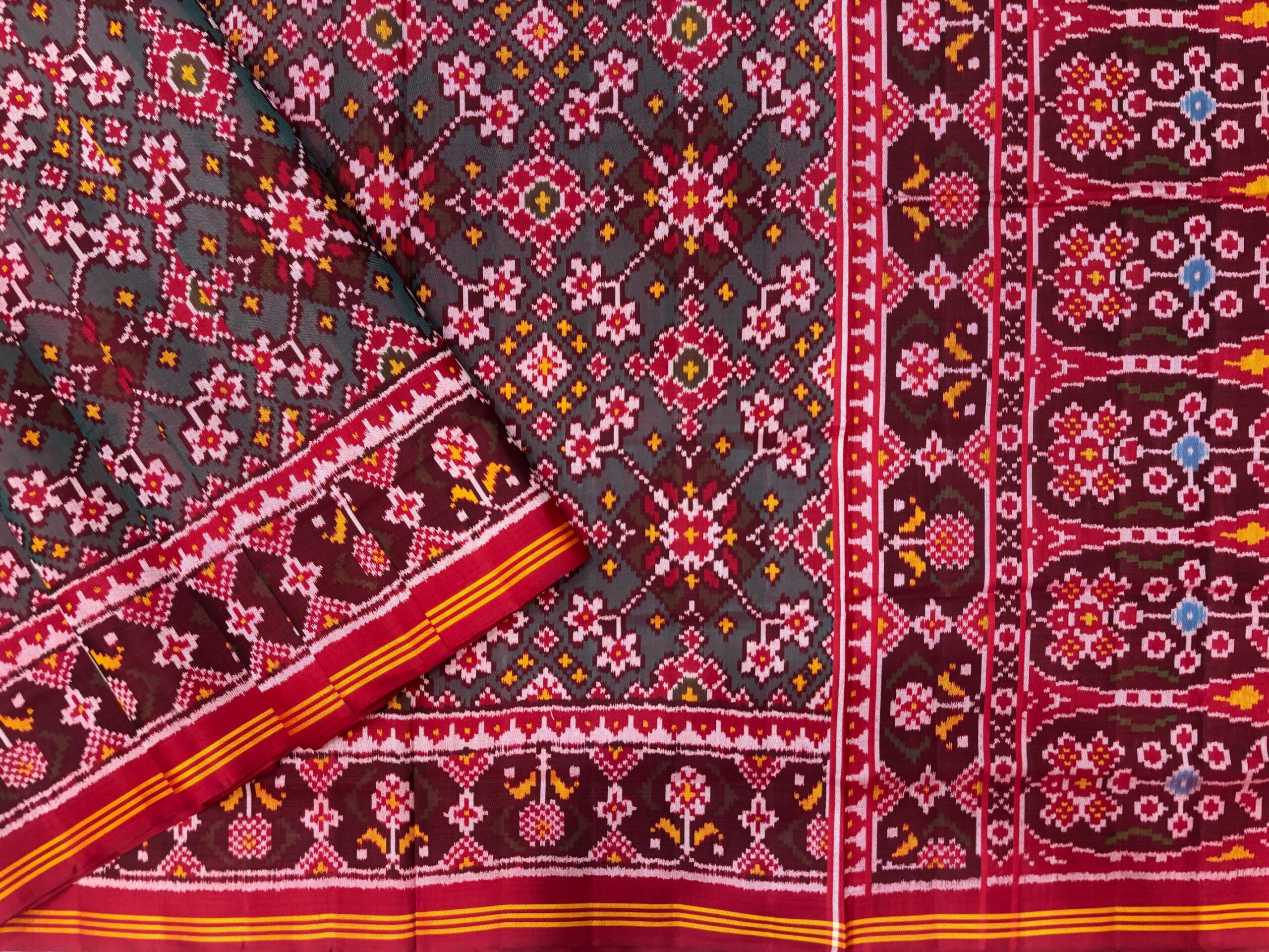 Red & Turquoise Navratna Designer Patola Saree - Image 2