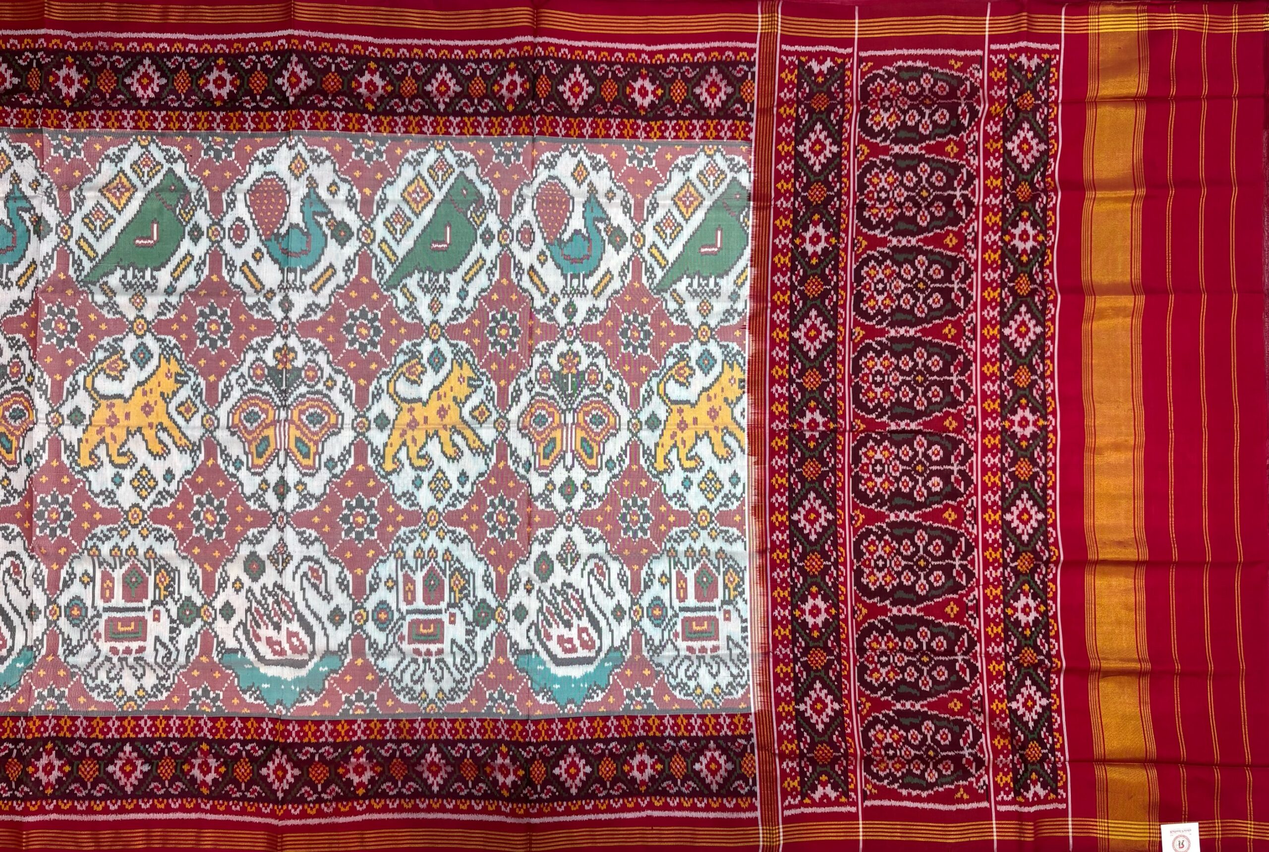 Red & White 6 Motifs Chabdi Designer Patola Saree - Image 5