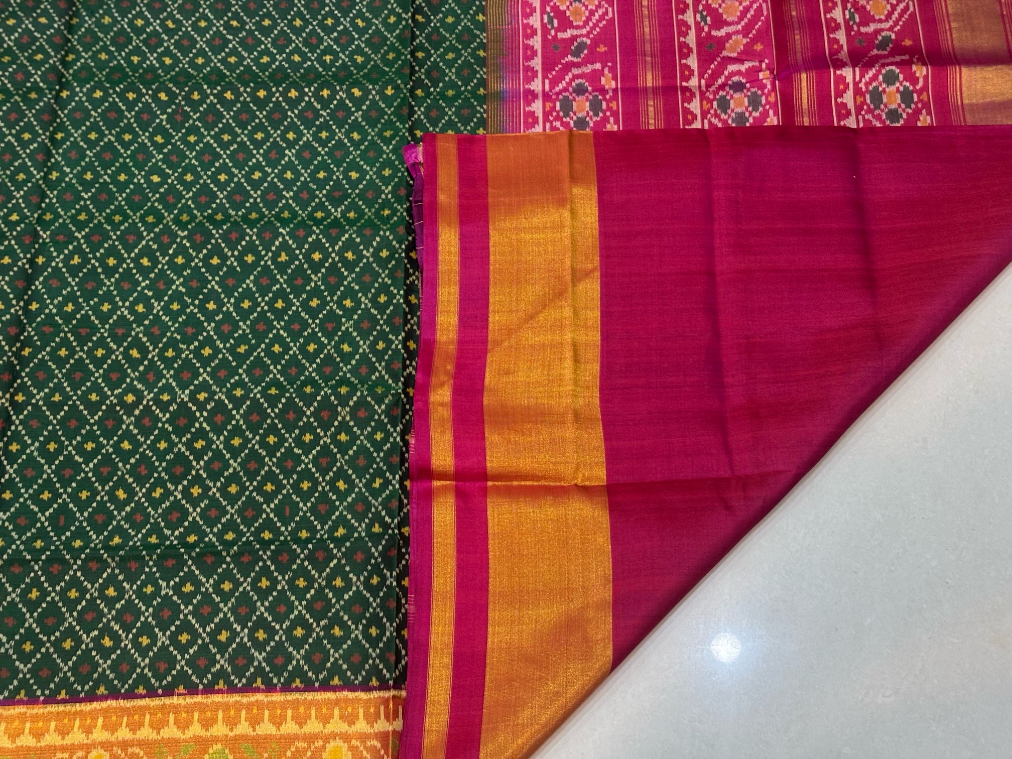 Pink & Green Small Butti Design Patola Saree - Image 6